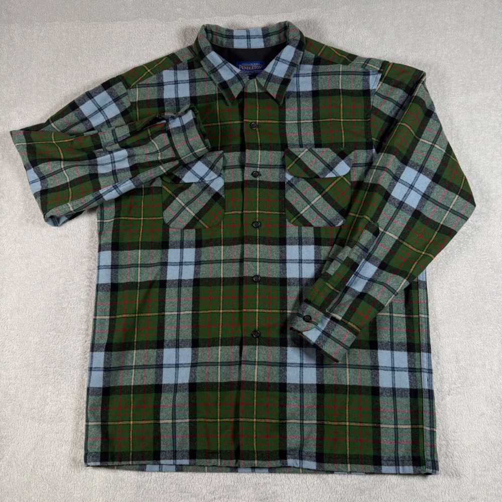 Pendleton Board Shirt Mens Large Green Blue Plaid Virgin Wool California Tartan